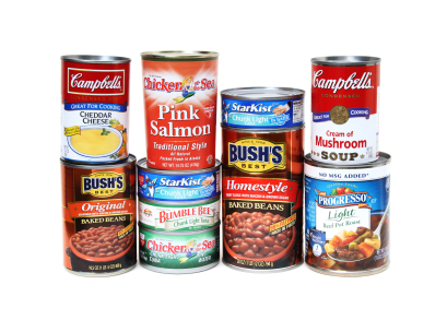 image shows cans of food
